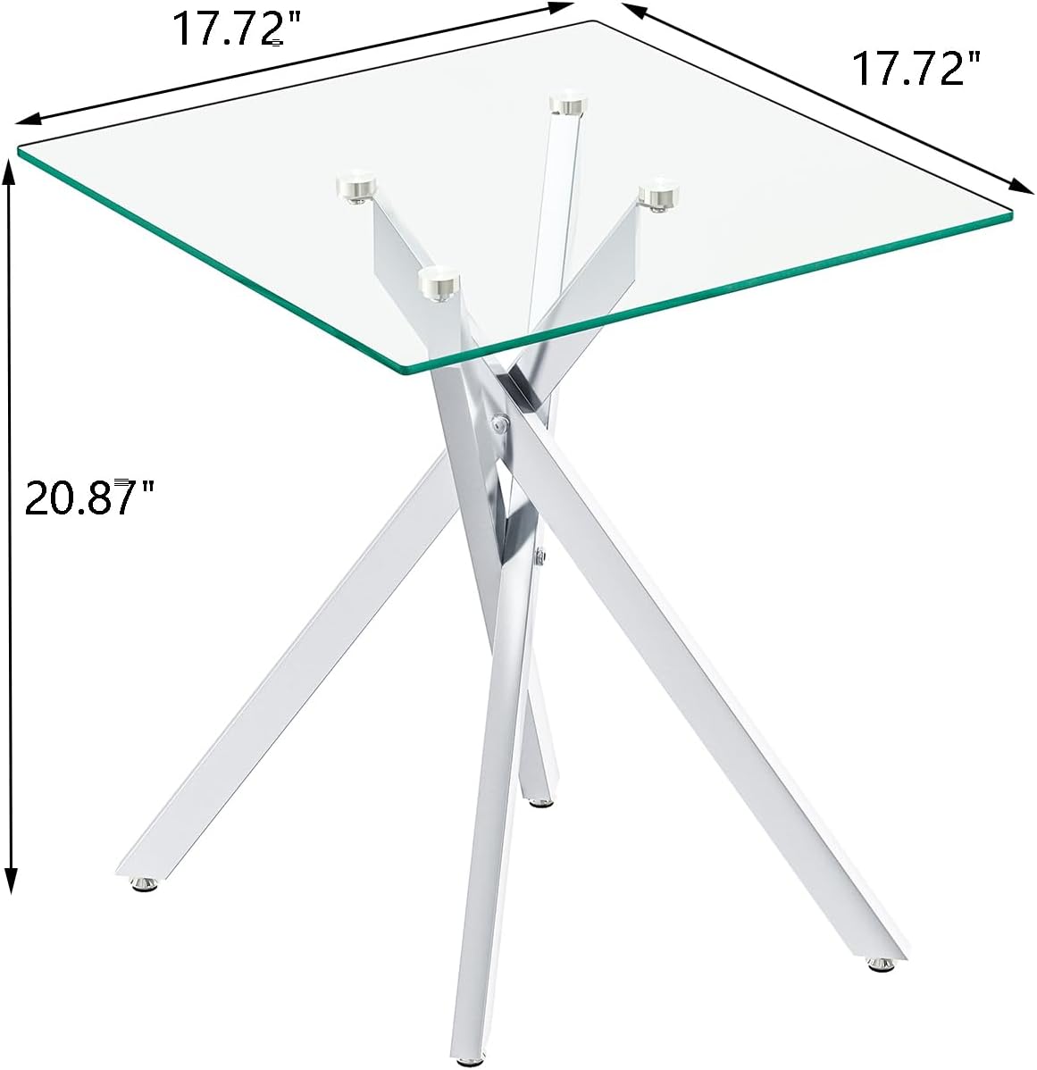 Modern Glass Side Table 17.72" Square End Table with Metal Legs, Small Clear Tempered Glass Sofa Tables for Living Room, Bedroom, Nightstand (Silver)
