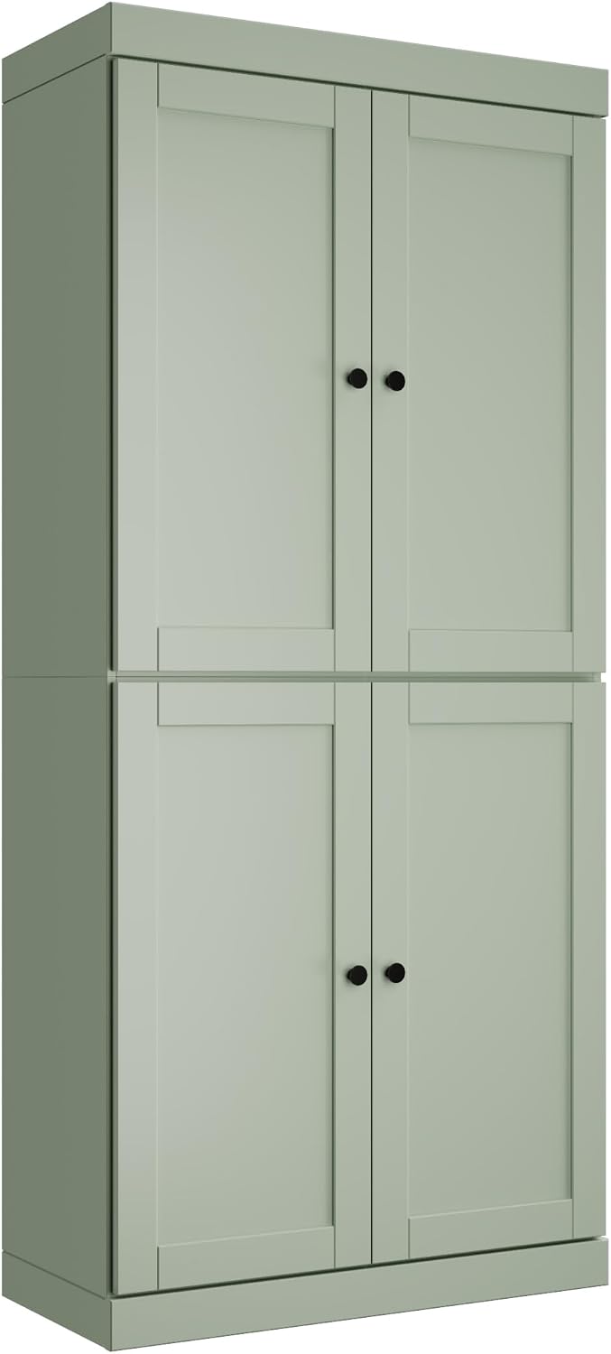 Palace Imports Solid Wood Kitchen Pantry Cabinet - 71.5" Tall x 32" Wide - Wooden Storage Cabinet with 4 Shaker Doors & 4 Adjustable Shelves, Sage, 100% Renewable Eco-Friendly Wood, Made in Brazil