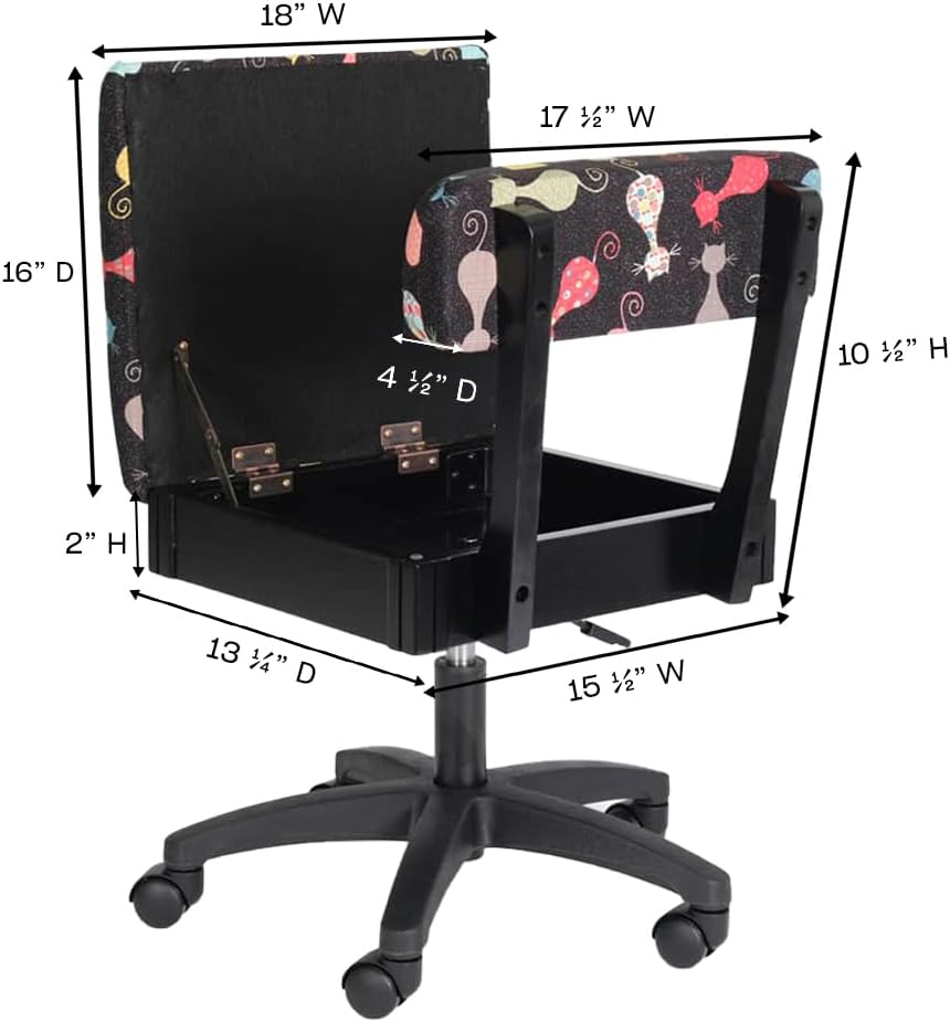 Arrow Sewing HCAT Adjustable Height Hydraulic Sewing and Craft Chair with Under Seat Storage and Printed Fabric, Black Cat Fabric
