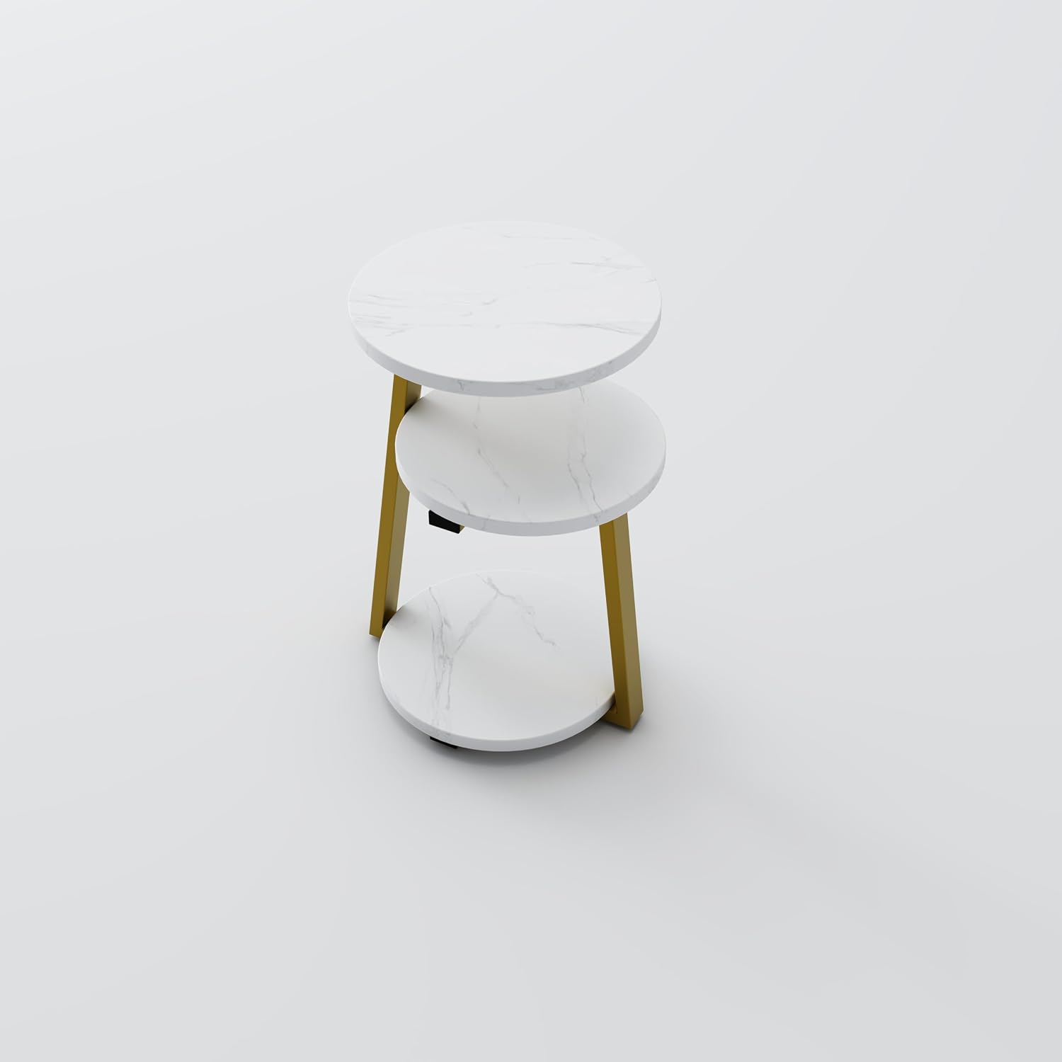 White and Gold Round Side Table with 3-Tier Open Shelves, Modern End Table for Living Room Sofa Side, Small Bedside Nightstand for Bedroom, Sturdy Metal Frame Accent Table for Small Spaces, 14 inch