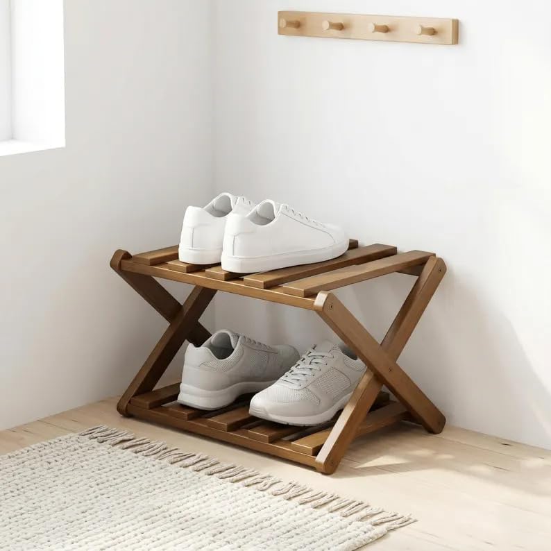Folding Wooden Shoe Rack, 2-Tier Stackable Shoe Organizer, Natural Wood Shoe Shelf for Entryway, No Assembly Required, Space Saving Footwear Storage Stand for Closet, Bedroom, Living Room