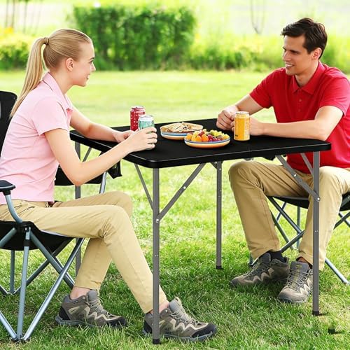34'' Square Folding Card Table with Built in Handle & Steel Legs Black | 353LBS Capacity Heavy Duty HDPE Carry Handle Easily Lift Indoor Outdoor Utility for Picnic, Camping, Party & Tailgate