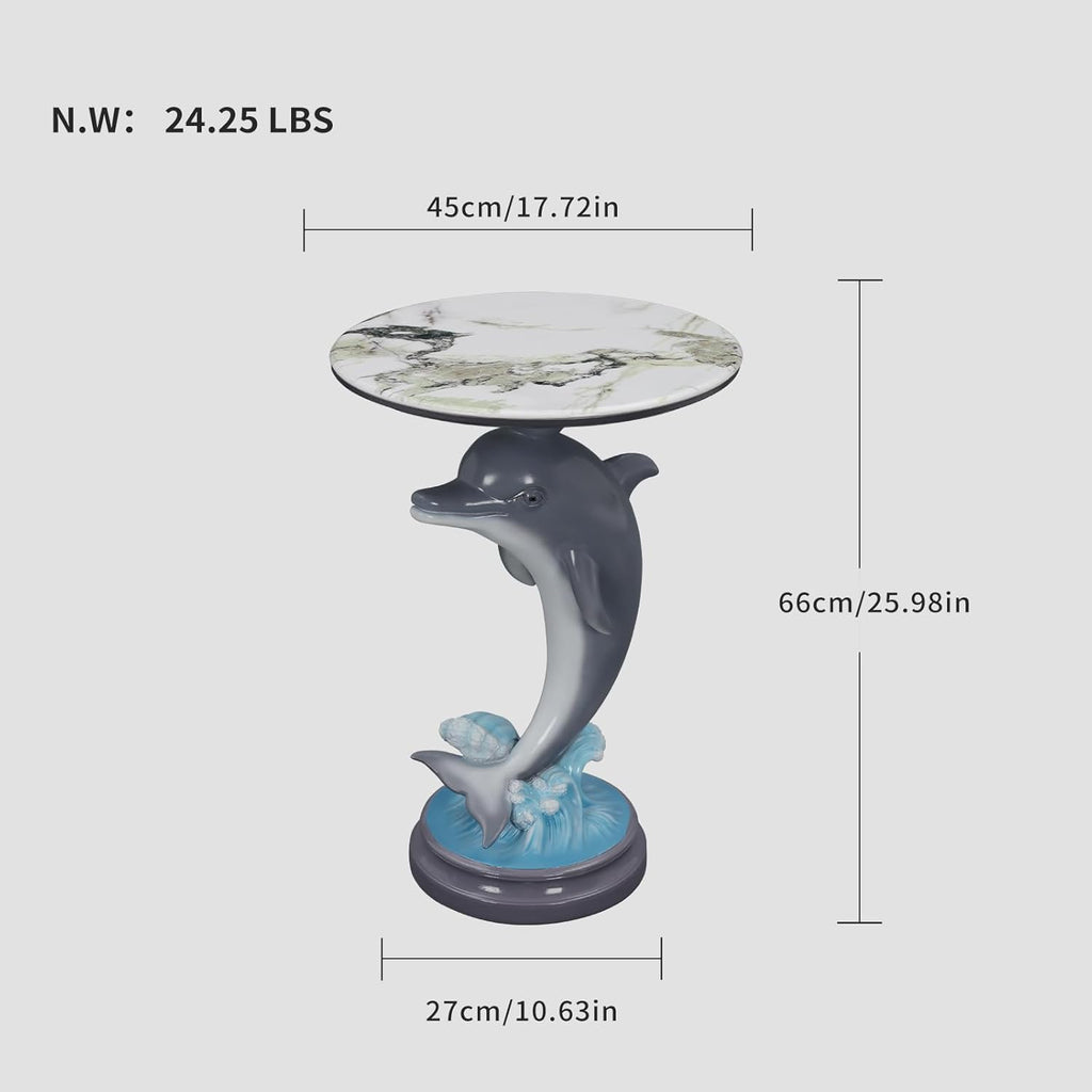 Artistic Dolphin Accent Table, Faux Marble Round Side Table, Playful Ocean Sculptural Pedestal End Table for Living Room Coastal Beach House Decor