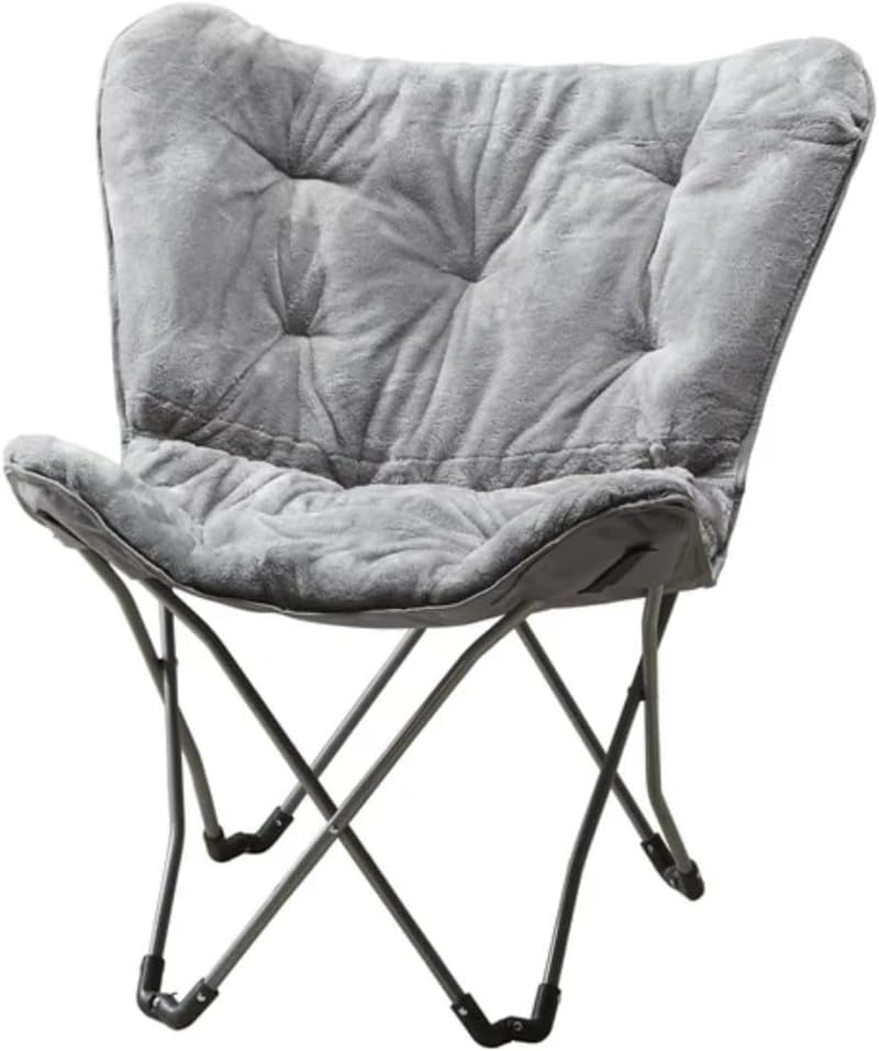 Folding Butterfly Chair, Plush Faux Fur Accent Chair with Durable Steel Frame, Portable Lazy Lounge Chair for Bedroom, Dorm, Apartment, Living Room, Reading and Gaming (Gray)