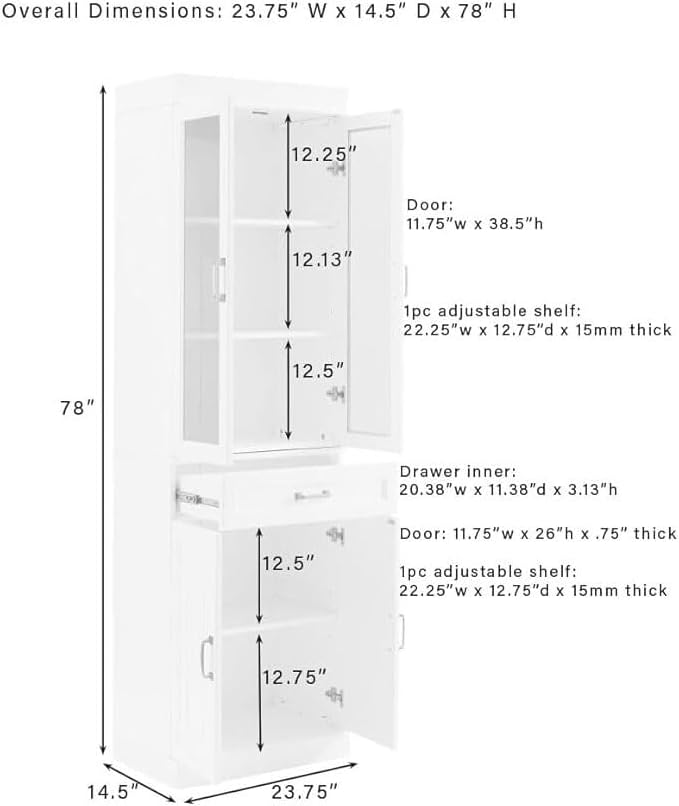 HomeStock Renaissance Refinement Stanton Glass Door Kitchen Storage Pantry Cabinet - 14.5" D x 23.75" W x 78" H, Durable, Adjustable Shelf, Floor Mountable, Rectangular
