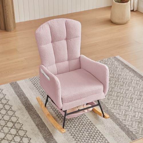 Pink Teddy Glider Rocker, Comfy Upholstered Nursery Rocking Chair with High Backrest, Modern Accent Armchair for Bedroom Living Room, Wood Legs & Steel Frame