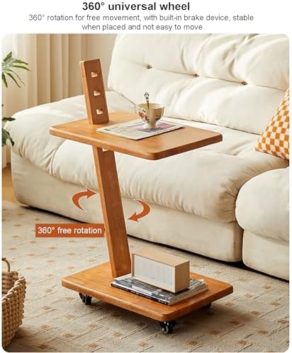 Solid Wood 2-Tier Side Table with Adjustable Height, Mobile End Table & Storage Shelves, Versatile Coffee Cart for Living Room & Bedroom Use