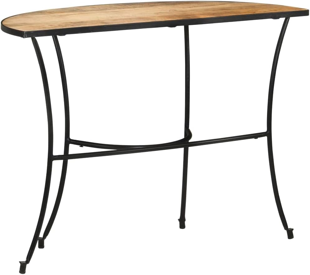 Industrial Style Mango Wood Side Table with Black Steel Legs, Solid Mango Wood Crescent Shape Tabletop for Living Room Entryway, Durable Furniture Decor, 43.3 Inch Long 15.7