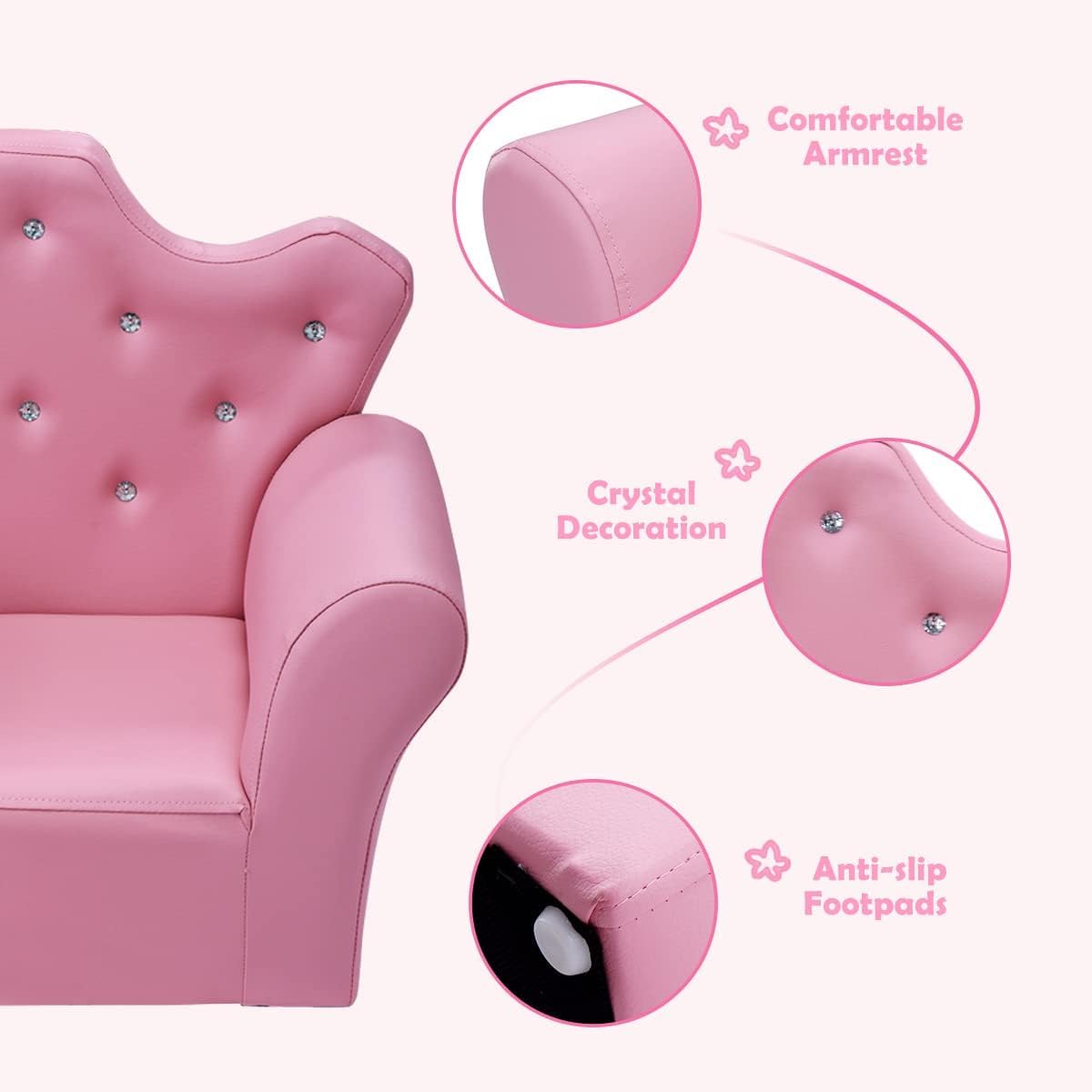 Toddler Chair, Toddler Chairs Comfy, Princess Kids Couch with Ottoman, Toddler Couch with Wooden Frame and PVC Leather, Kids Sofa for Girls and Boys, Ideal for Bedroom, Living Room