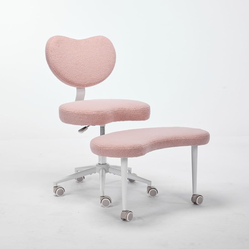 Meditation Chair Plus, Cross Legged Chair with Wheels, Black PU, Adjustable Stool - Larger Cushion, Lumbar Support, Flexible Seating for and Comfort (Pink + Teddy)