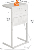 HOOBRO C Shaped End Table with Charging Station, 28" H Couch Side Table Slide Under, Sofa Arm Tray Table with Storage Bag for Living Room, Recliner, White WW70USF01