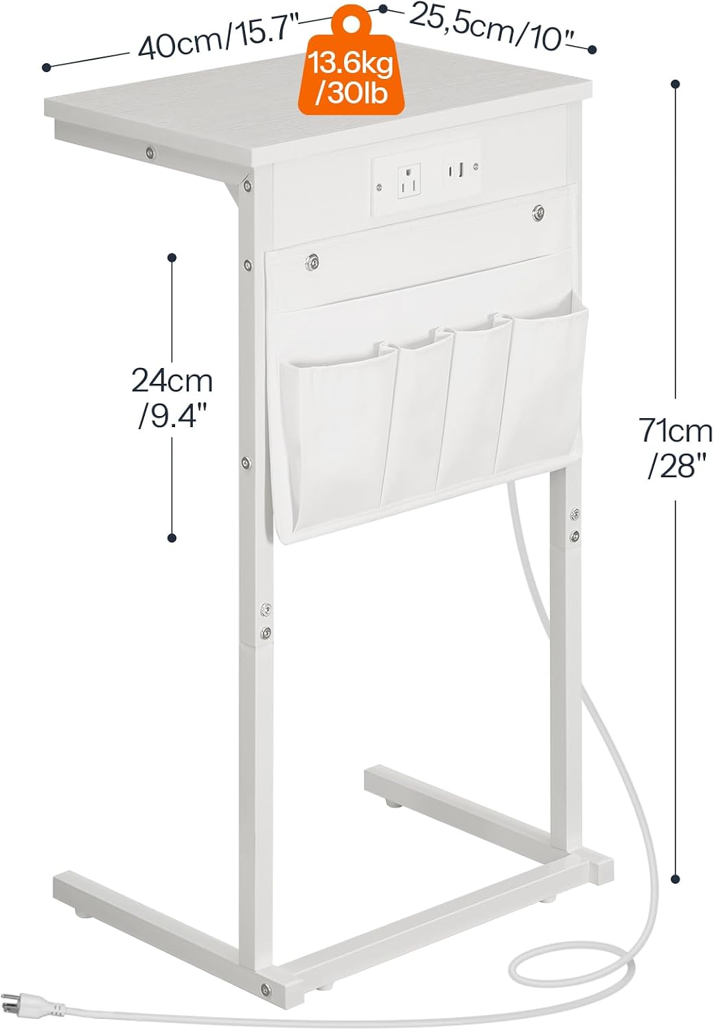 HOOBRO C Shaped End Table with Charging Station, 28" H Couch Side Table Slide Under, Sofa Arm Tray Table with Storage Bag for Living Room, Recliner, White WW70USF01