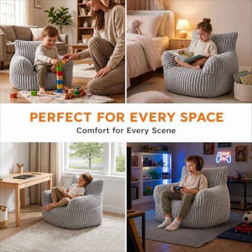 Bean Bag Chair - Plush Faux Fur Floor Seating Furniture Bean Bag Chair for Living Room, Bedroom, Playroom (2.5FT Stripe Grey)