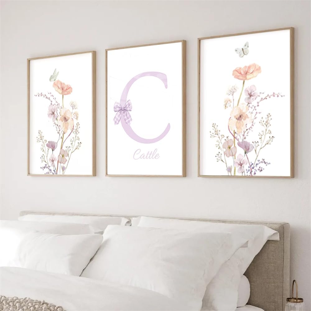 NATVVA Custom Wildflowers Wall Art Poster Set Of 3 Personalised Initial Name Sign Canvas Art Prints Painting Picture Artwork Home Baby Girl Nursery Decoration No Frame