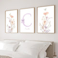 NATVVA Custom Wildflowers Wall Art Poster Set Of 3 Personalised Initial Name Sign Canvas Art Prints Painting Picture Artwork Home Baby Girl Nursery Decoration No Frame
