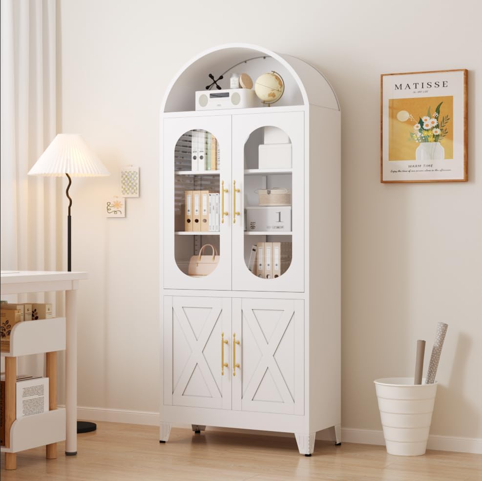 PAOFIN 73" Metal Tall Arched Kitchen Pantry Cabinet, Modern Farmhouse Kitchen Storage Cabinet with 3 Adjustable Shelves, White