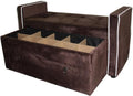 Velvet Storage Bench with Drawer, Brown Tufted Upholstered Ottoman | Divided Compartments, Pull-Out Drawer, White Piping Trim, Armrest Design, Bedroom Seating