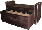 Velvet Storage Bench with Drawer, Brown Tufted Upholstered Ottoman | Divided Compartments, Pull-Out Drawer, White Piping Trim, Armrest Design, Bedroom Seating