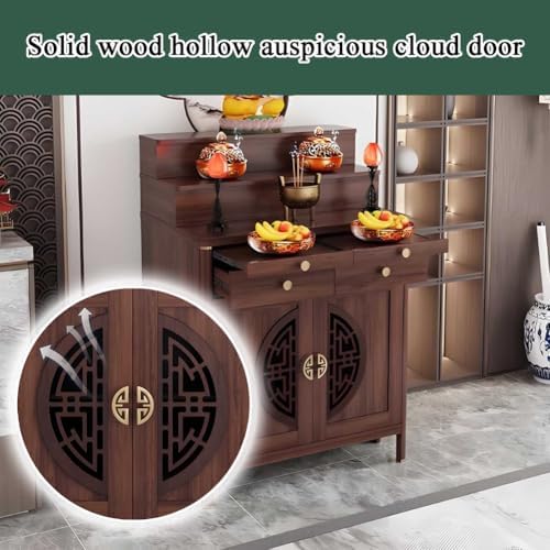 Personal Shrine Altar Table with Storage, Buddha Niche Chinese Cabinet, Pooja Mandir Cabinet for Incense & Offerings (Light Brown, 126cm/49.6in)
