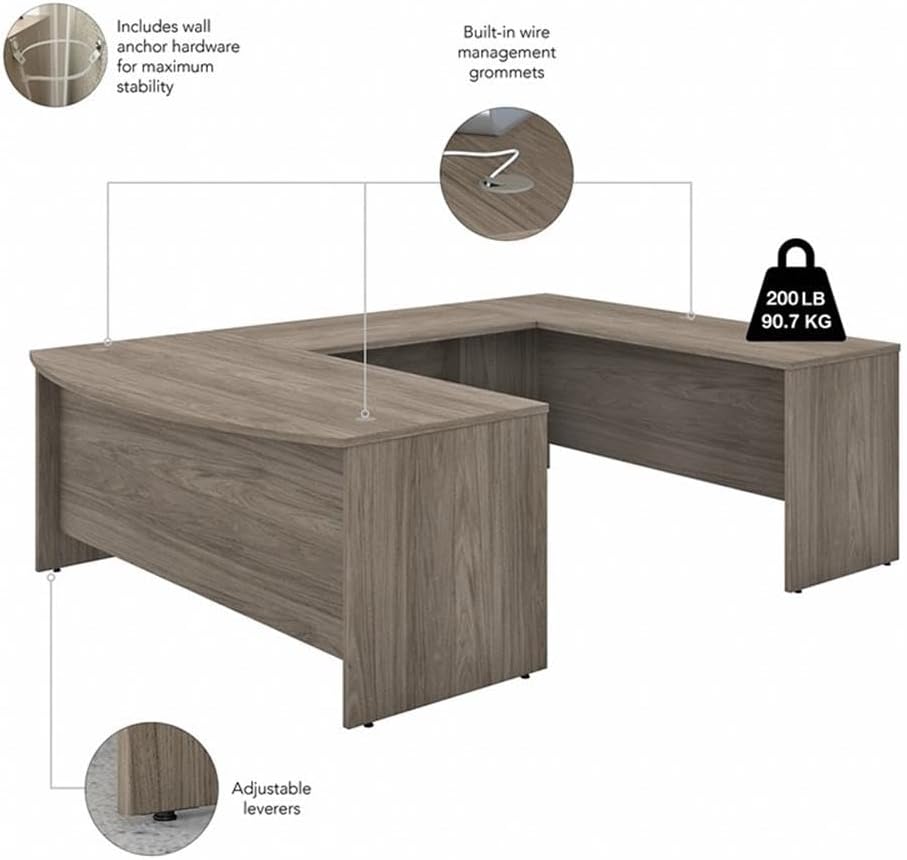 Bush Business Furniture Studio C 72W x 36D U Shaped Desk with Hutch and Mobile File Cabinet in Modern Hickory, U Workstation Set for Home or Professional Office
