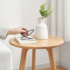 Round End Table, Small Side Table for Living Room Bedroom Balcony, Natural Solid Oak Wood Nightstand with 3-Leg Design, Stable Wood for Tight Spaces, Elegant Finish (Natural)