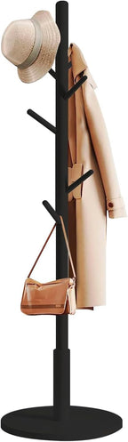 Coat Stand with Round Base, Freestanding Coat Rack with 8 Hooks, 172 x 38 x 38 cm, Wooden Hall Tree for Coats, Hats, Jackets, Bags & Umbrellas, Entryway, Hallway, Bedroom, Office (Black)