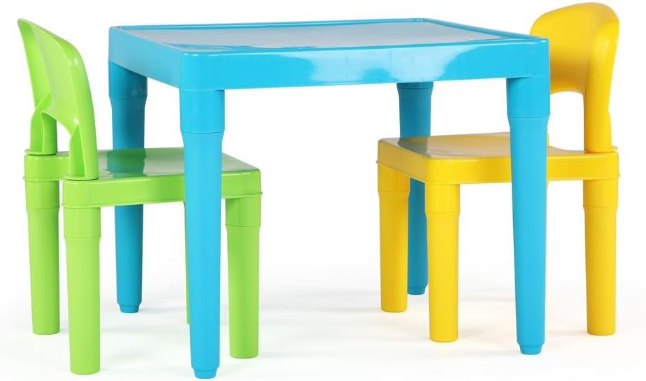 Humble Crew Kids Plastic Table and Chair Set, Toddler Activity Table with 2 Chairs, Lightweight Easy-Clean Kids Desk for Play, Snacks & Crafts, Indoor Outdoor Playroom Furniture, Aqua/Green/Yellow