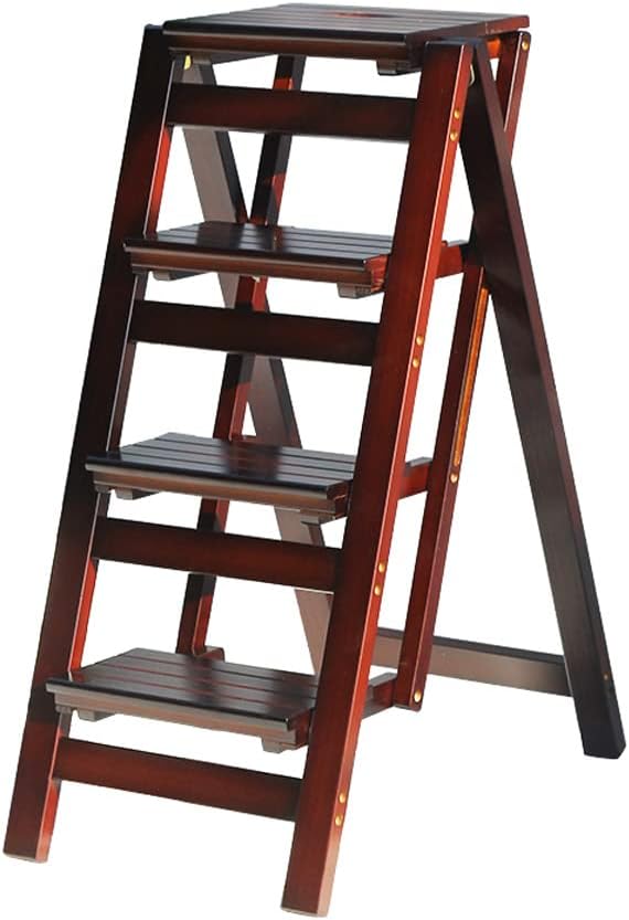4-Step Folding Ladder Stool - 330 lb Capacity, Solid Pine Wood, Anti-Slip Steps, Space-Saving Foldable Design for Home Kitchen - Lightweight Step Stool for Adults (Walnut Finish)
