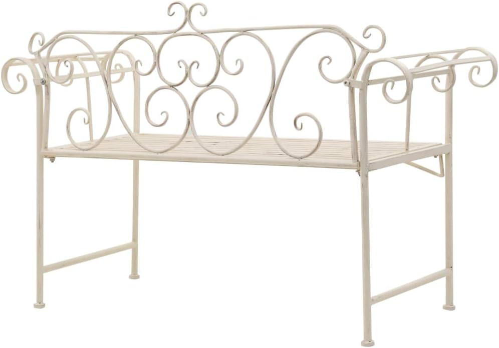 Garden Bench Antique White Metal 52 in Width Decorative Inlays,Sturdy Metal Garden Bench with Vintage Scroll Design, WeatherResistant and for Outdoor Use Patio Furniture