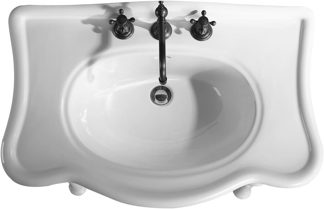 Jasmine White Console Bathroom Sink 32.5" Wide 2 Spindle Pedestal Leg Supports Heavy Duty Porcelain Wall Mount Console Sink With Overflow and Widespread Faucet Holes Renovators Supply Manufacturing