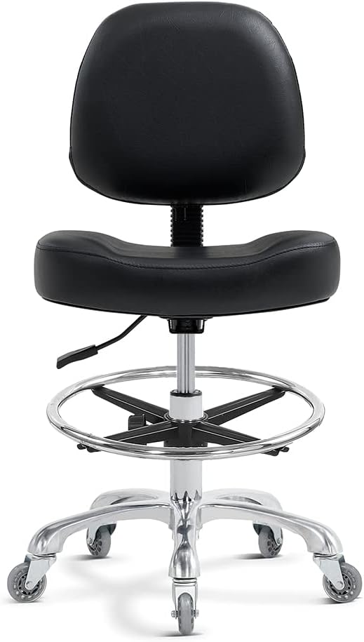 Ainilaily Drafting Chair Tall Office Chair for Standing Desk - Shop Stool with Backrest, Esthetician Drafting Stool with Wheels,Counter Height Chair for Studio, Workbench (Black, with Foot Rest)