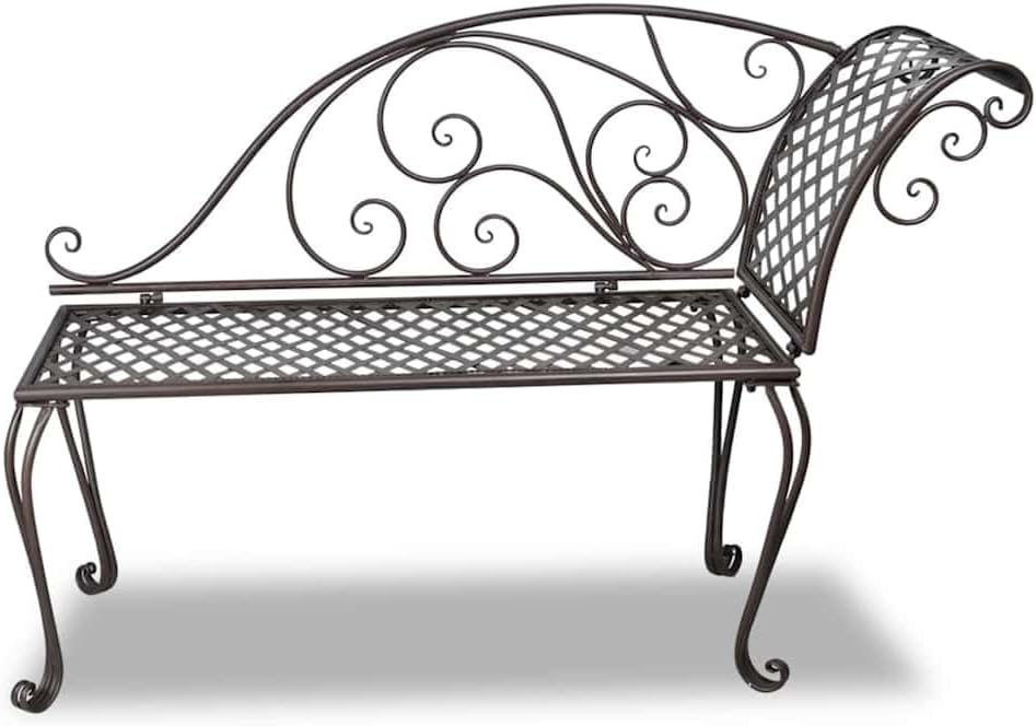 Outdoor Garden Chaise Lounge, Antique Brown Metal Scroll Pattern Patio Bench, Ergonomic Steel Seat for Backyard, Terrace, and Balcony Relaxation