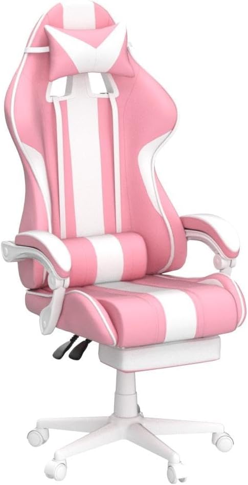 Ferghana Kawaii Pink Gaming Chair with Bunny Ears, Ergonomic Cute Gamer Chair with Footrest and Massage, Racing Reclining Leather Office Computer Game Chair 250lbs for Girls Adults Teens Kids