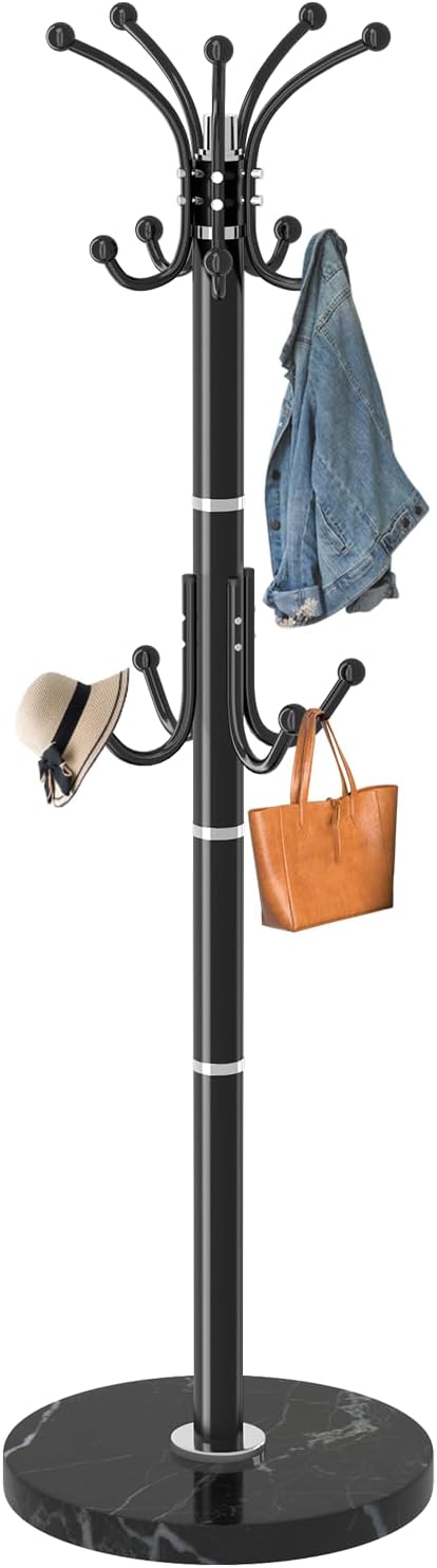 Snaikor Metal Coat Rack Stand with Natural Marble Base, Modern Coat Rack Freestanding, 360°Rotary Coat Racks with 14 Hooks, Black Coat Stand Hall Tree Hanger Stand for Entryway, Office，Corner