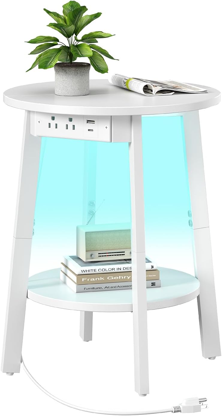 sthmec Round End Table with Charging Station, White LED Small Side Table for Small Space, USB Power Oulets & LED Strip, 2-Tier Round Accent Table Couch Sofa Nighstands for Living Room, Bedroom, White