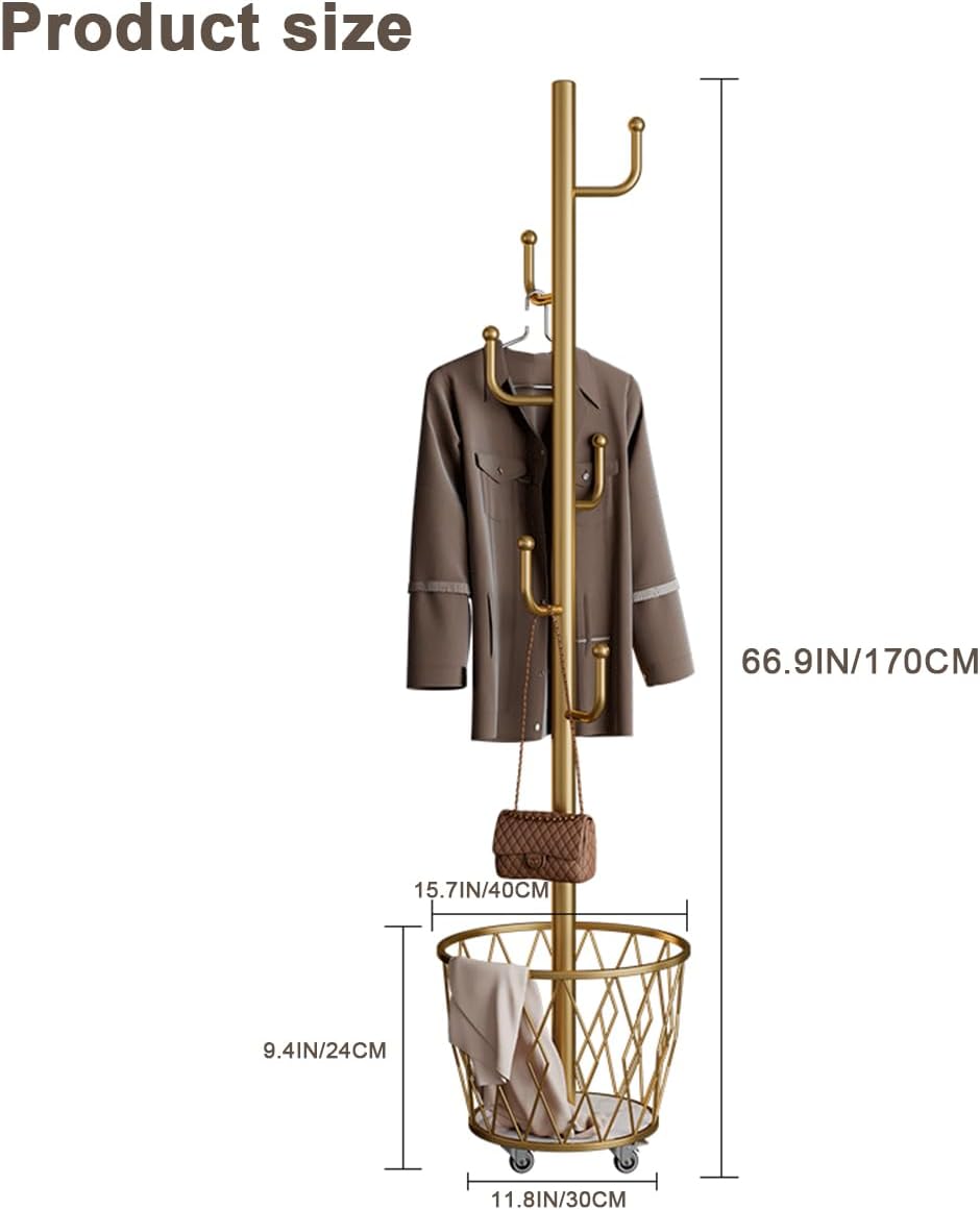 SYO Portable single-pole coat rack with 6 hooks and storage basket; floor-standing coat rack for bedroom and hallway; casters for easy movement; modern minimalist design.