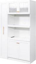 White Kitchen Pantry Cabinet with Pull-Out Multi-Tier Storage Shelf, Glass Doors, Multi-Purpose Modern Storage Cabinet for Kitchen, Dining Room, or Living Room, 70.87” H