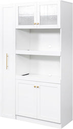 White Kitchen Pantry Cabinet with Pull-Out Multi-Tier Storage Shelf, Glass Doors, Multi-Purpose Modern Storage Cabinet for Kitchen, Dining Room, or Living Room, 70.87” H