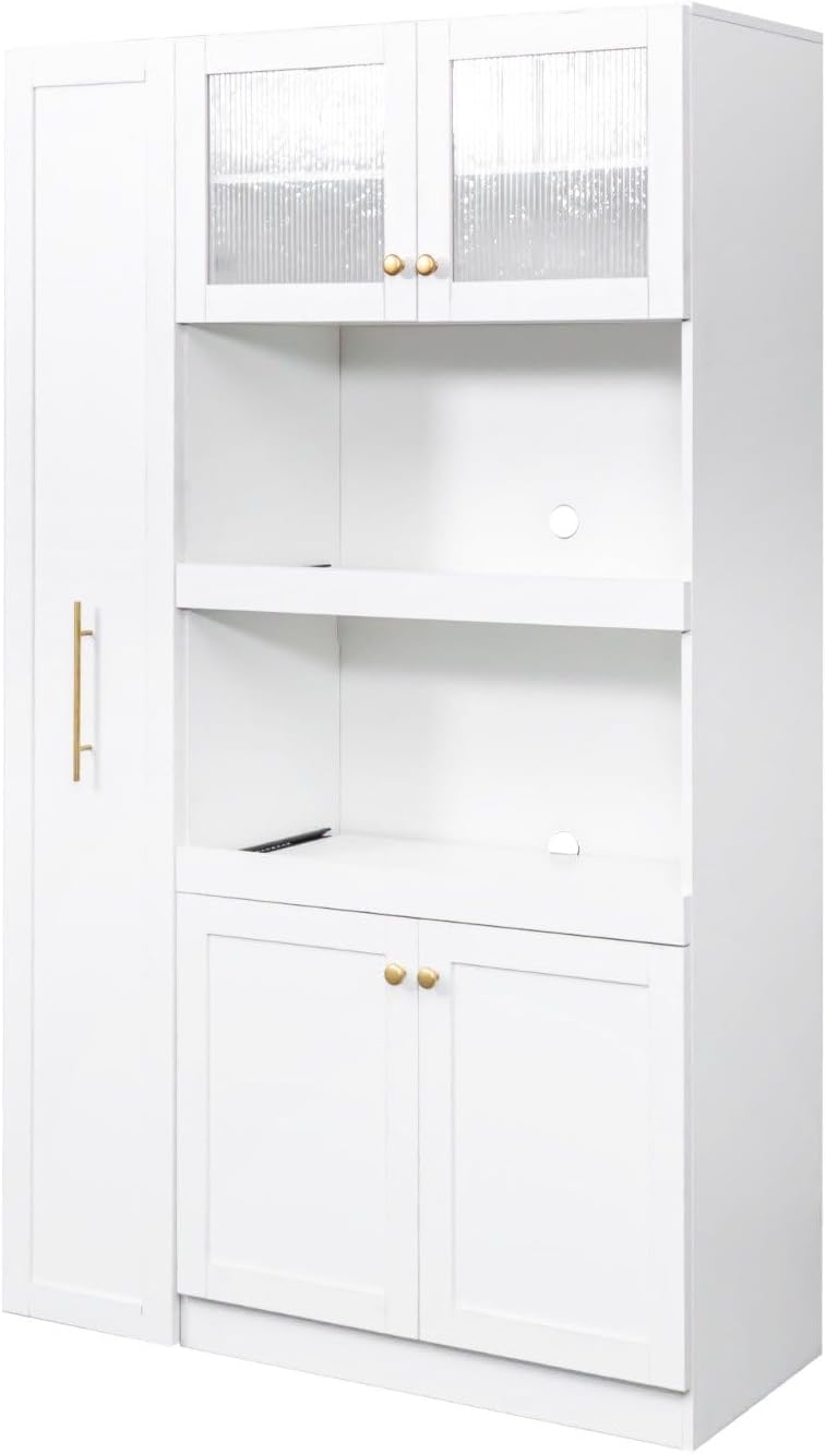 White Kitchen Pantry Cabinet with Pull-Out Multi-Tier Storage Shelf, Glass Doors, Multi-Purpose Modern Storage Cabinet for Kitchen, Dining Room, or Living Room, 70.87” H