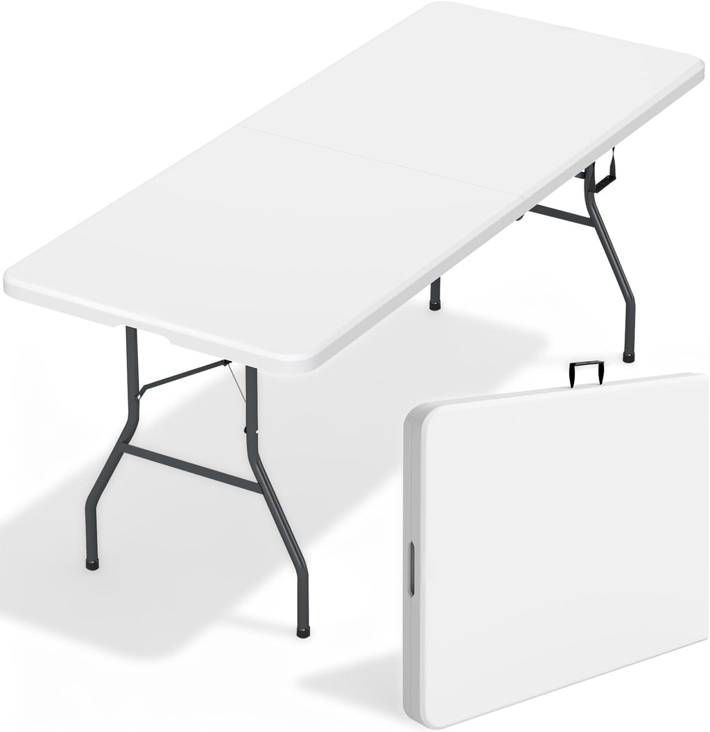 FDW 6FT Folding Table, Portable Fold-in-Half Plastic Picnic Party Table with Carrying Handle (White