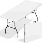 FDW 6FT Folding Table, Portable Fold-in-Half Plastic Picnic Party Table with Carrying Handle (White