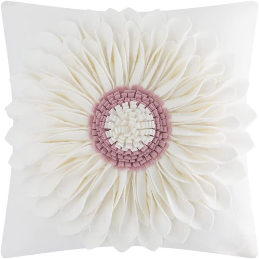 OiseauVoler Decorative 3D Flower Throw Pillow Covers Handmade Cushion Cover Cases for Couch Bed Living Room Farmhouse Home Decor 18 x 18 Inch Cream White