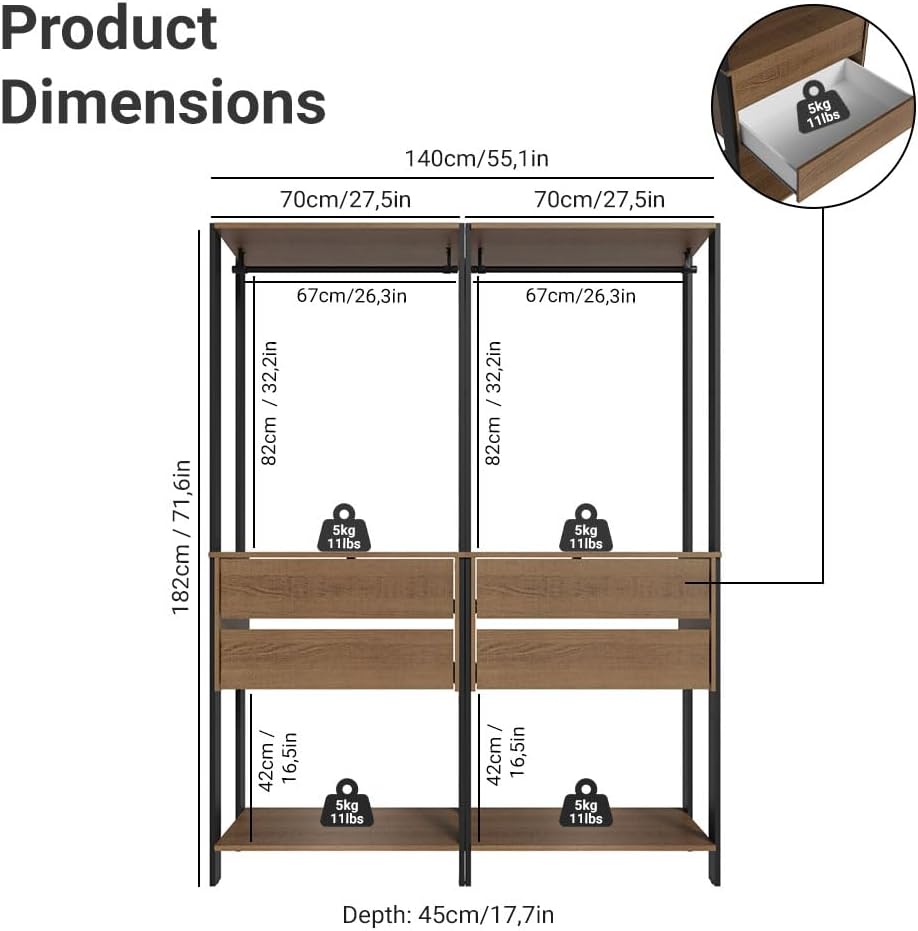 Madesa Kitchen Pantry Storage Rack with 4 Drawers 4 Shelves and 2 Hanging Rods 55" L Modular Multiuse Cabinet for Kitchen Organization - Black/Brown