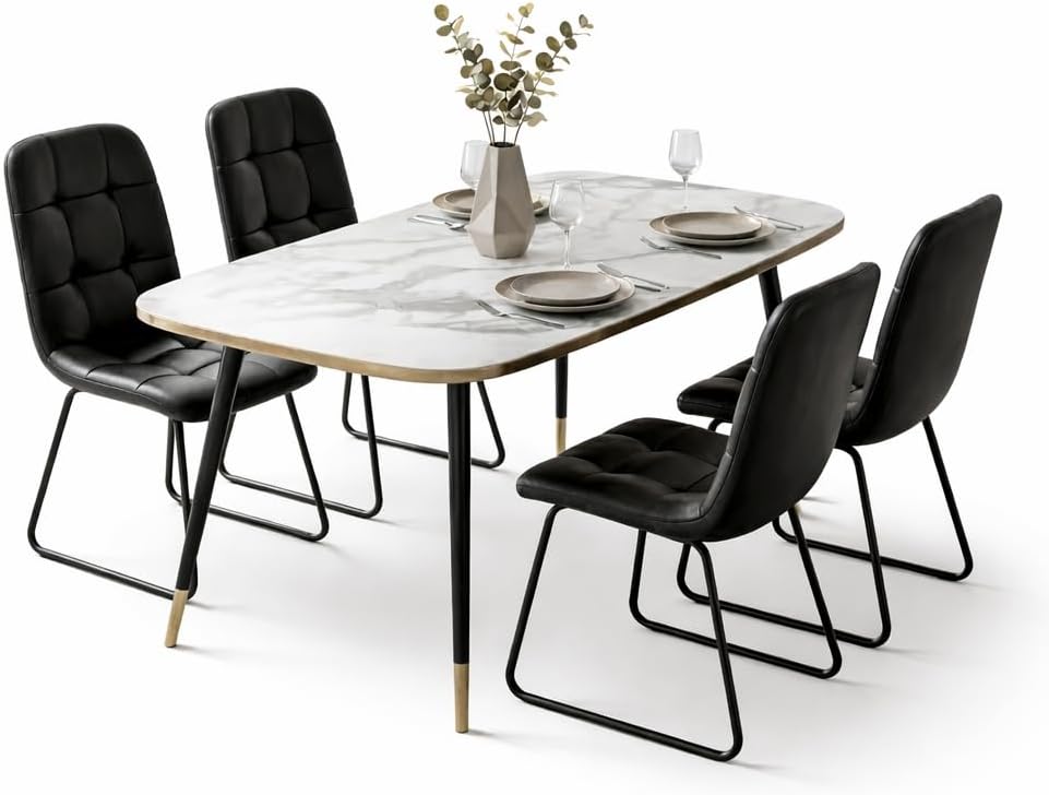 HIPIHOM 47.2''Dining Table Set for 4, Modern Rectangular Dining Table with White Marble Texture MDF Top, Nordic Style Kitchen Table for 4-6 Persons, Space-Saving Home Office Desk