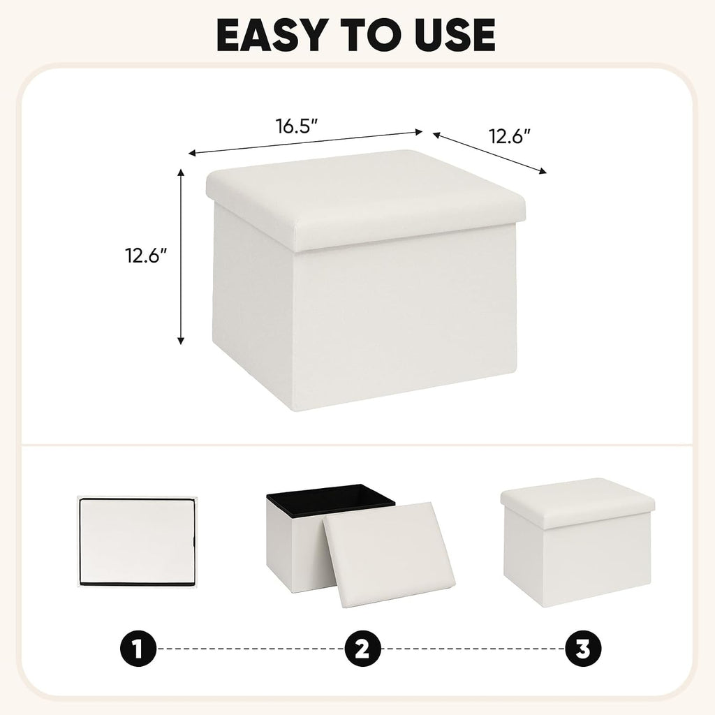B FSOBEIIALEO Folding Storage Ottoman Cube Faux Leather Ottomans for Living Room, Bedroom, Home Office, Dorm Storage Footrest White 16.5"x12.6"x12.6"