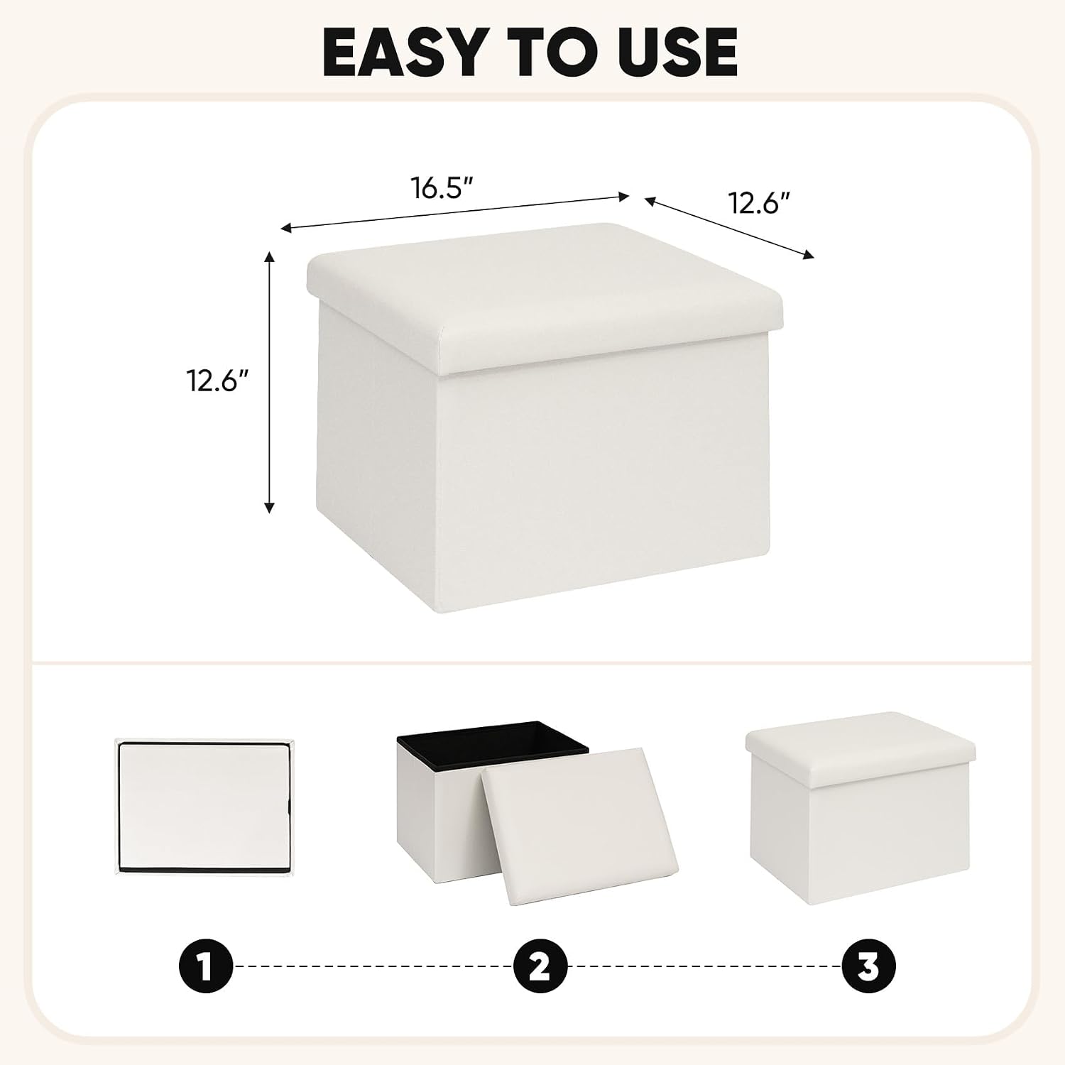 B FSOBEIIALEO Folding Storage Ottoman Cube Faux Leather Ottomans for Living Room, Bedroom, Home Office, Dorm Storage Footrest White 16.5"x12.6"x12.6"