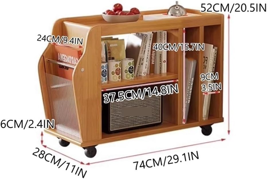 Movable Wood Side Tables with Casters, Rolling Table with Storage, Living Room End Tables with Magazine Rack, Multi-Functional Tables for Kitchen, Bedroom, Sofa Side(Natural)