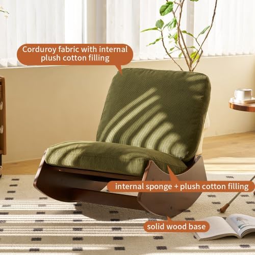 Solid Wood Upholstered Rocking Chair, Glider Rocker with High Backrest and Soft Padded Seat, Comfy Green Accent Armchair for Nursery Bedroom Living Room Reading