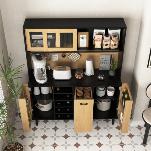 59in H Pantry Cabinet with Charging Station, Buffet Sideboard for Coffee Maker & Toaster, Large Cupboard for Snacks, Spices & Wine for Kitchen, Dining Room & Coffee Bar, White
