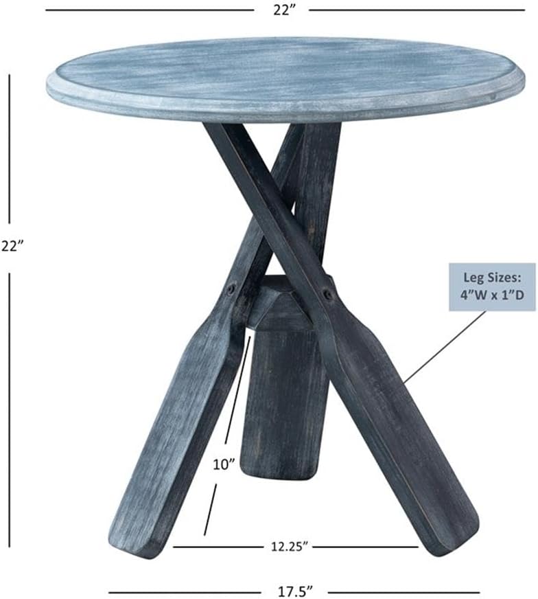 MAKLAINE Distressed Wood Coastal Side Table, Canoe Paddle Tripod Base, Beveled Gray Finish, 22 in Round Rubberwood Top, Nautical Style Accent Table for Living Room, Lake or Beach Home Decor